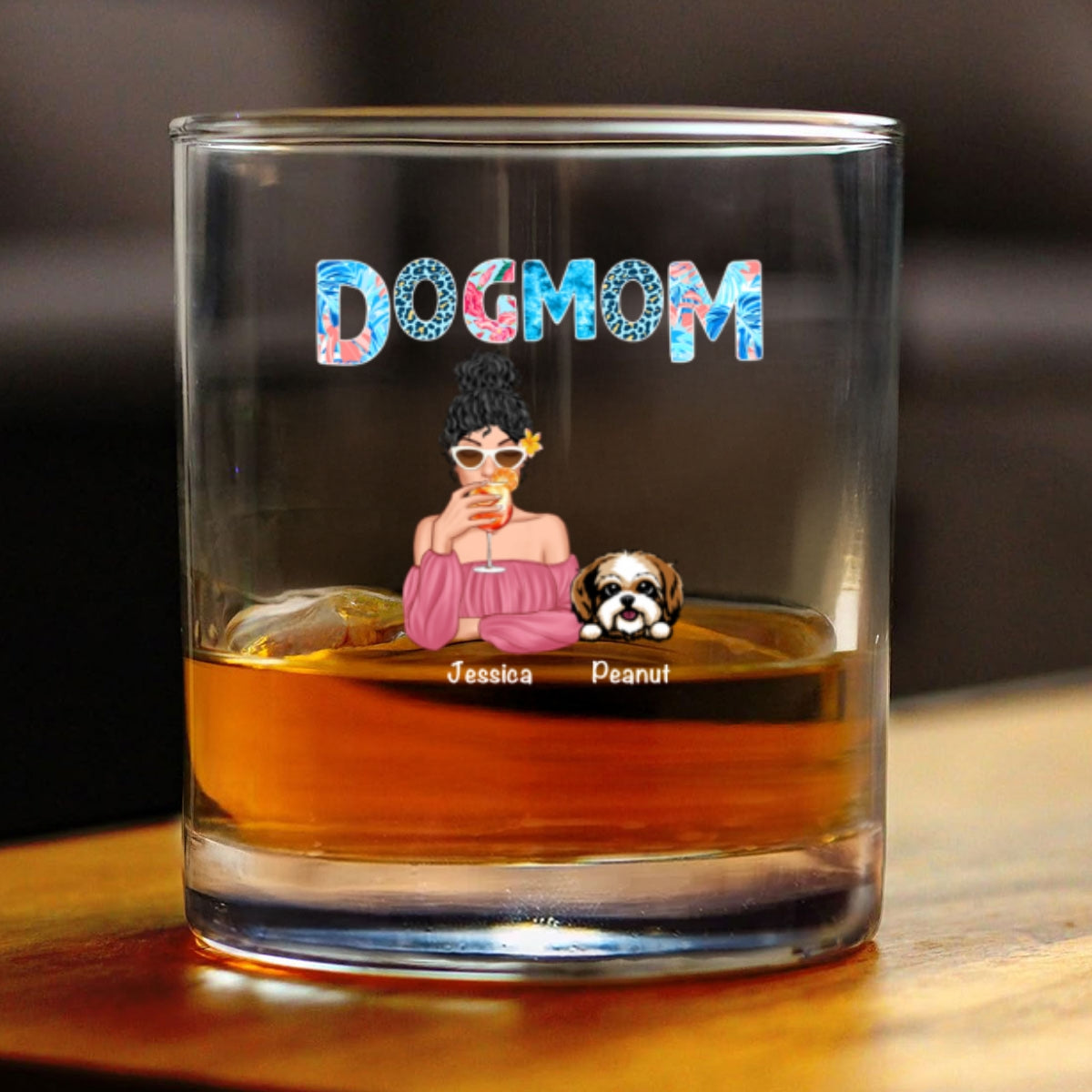 Dog Mom Summer Patterned Personalized Wine Glass, Gift for Dog Moms
