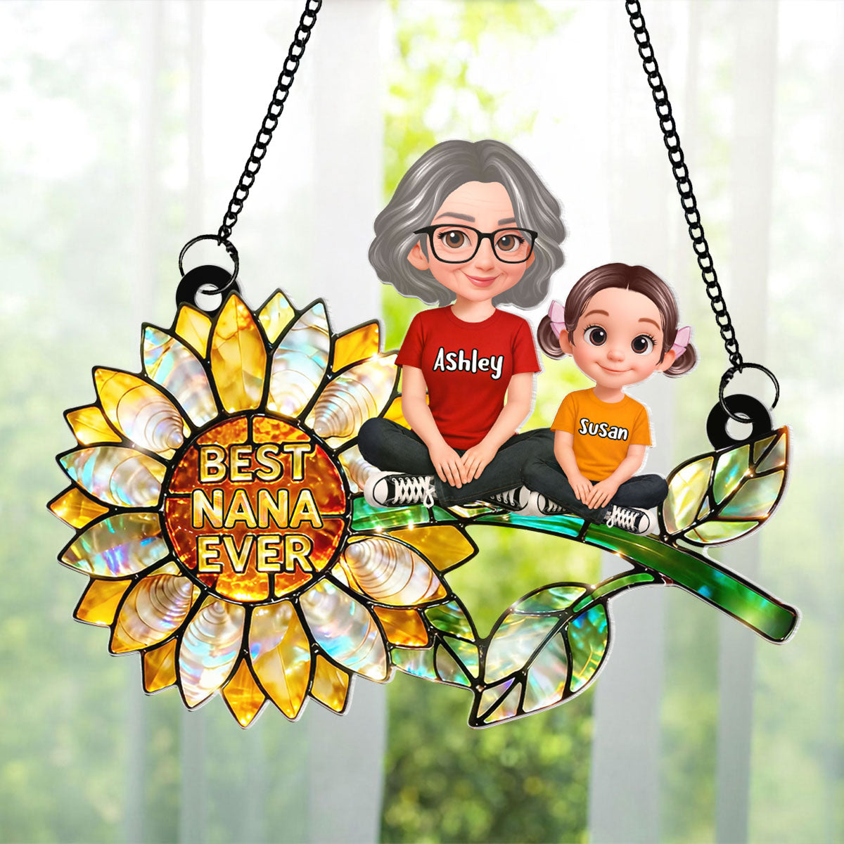Sunflower Grandma and Grandkids Sitting - Personalized Window Hanging Suncatcher - Mother's Day Gift for Mom, Wife
