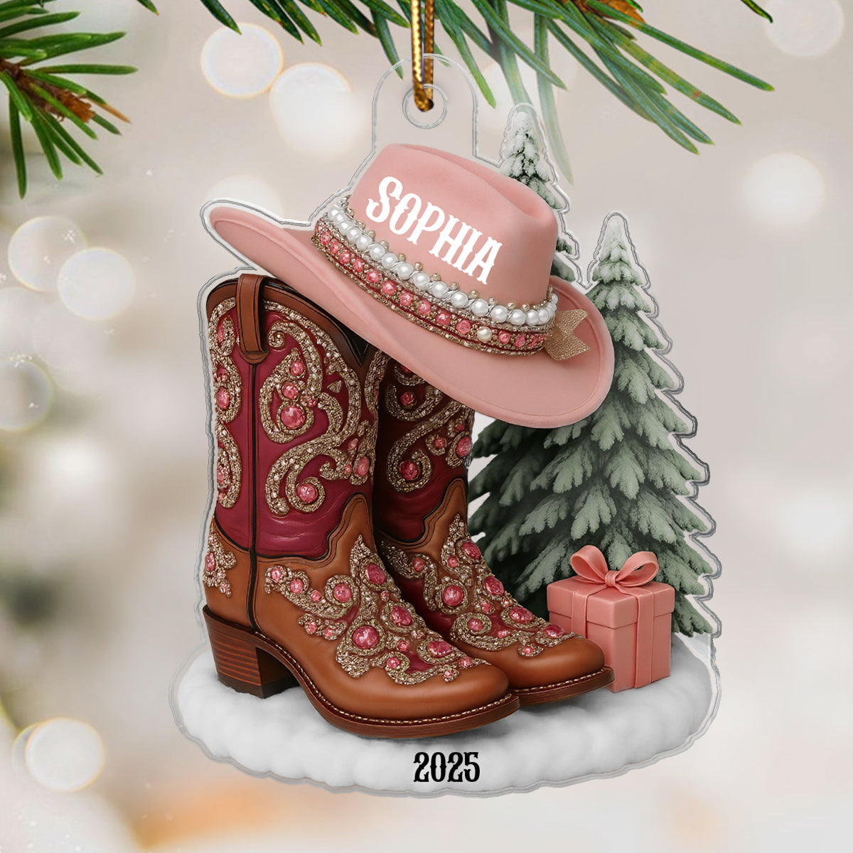 3D Effect Boots And Hat Cowgirl Name - Personalized Acrylic Ornament