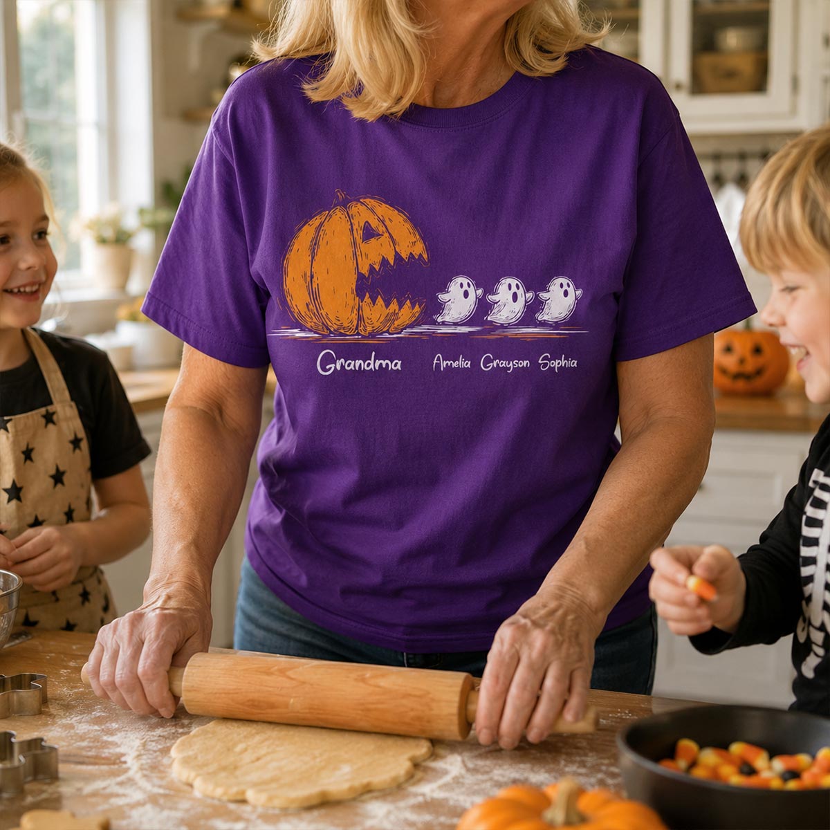 Grandma Pumpkin Chasing Kids Ghosts - Personalized Shirt - Halloween Shirt