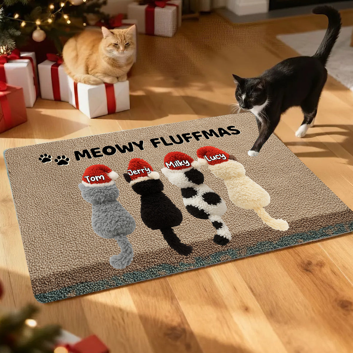 Meowy Fluffymas Funny Cats Latch Hook Yarn Faux - Personalized Doormat - Christmas Decor for Pet Lovers