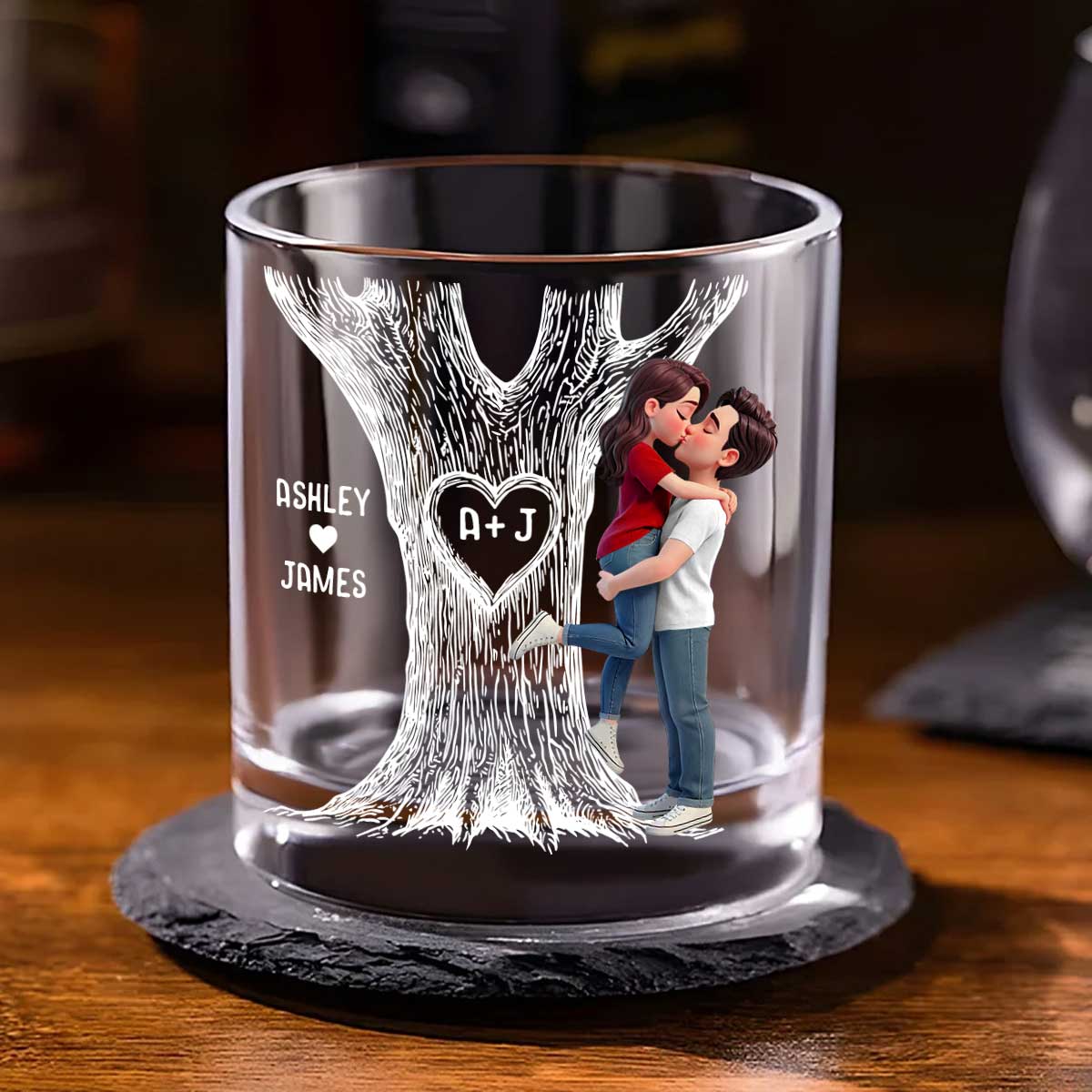 Eternal Love Couple Hugging Kissing Tree Of Love - Personalized Whiskey Glass, Wine Glass - Heartfelt Valentine, Anniversary Gift For Him, For Her