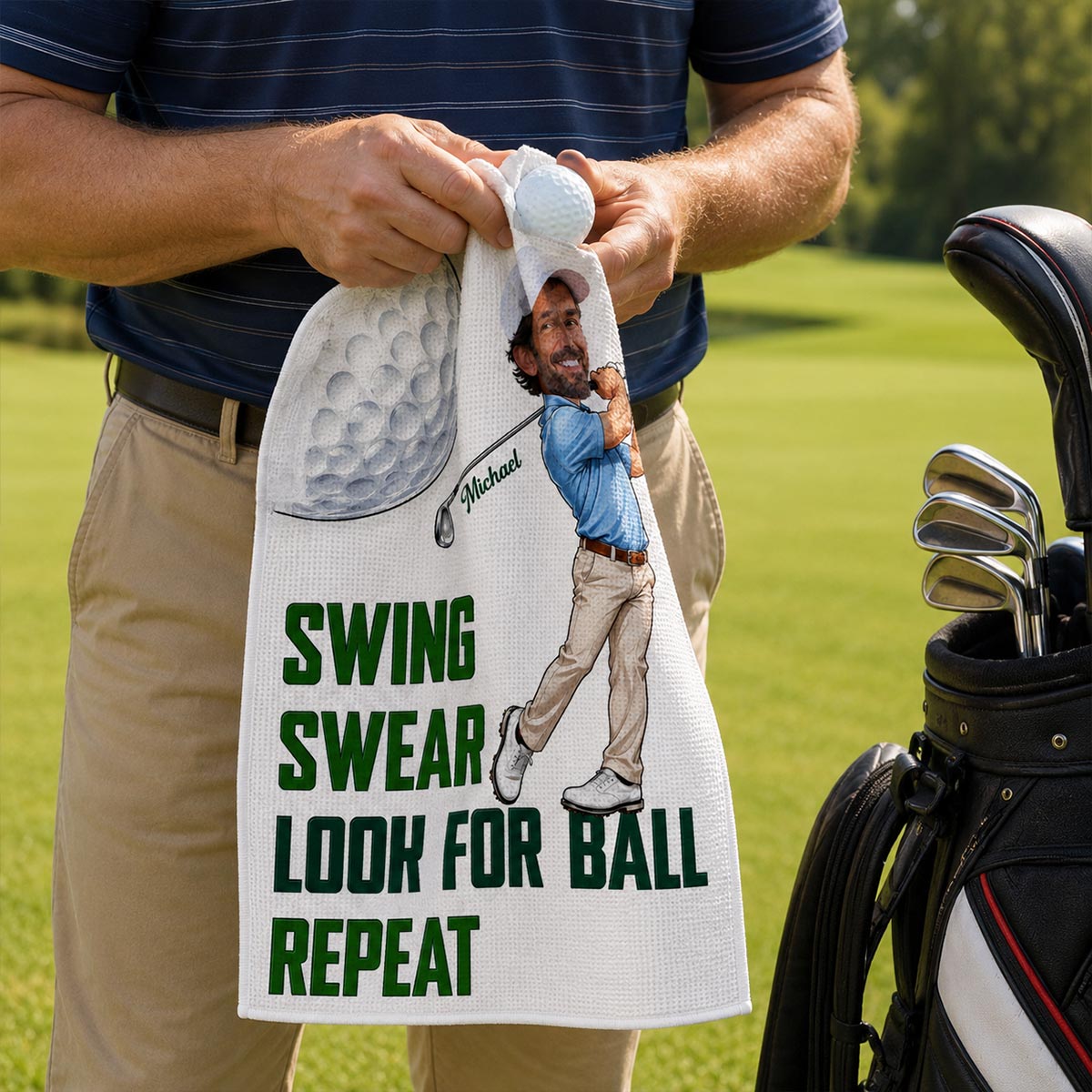 Swing Swear Look For Ball Repeat Funny Golfer Caricature Style Custom Photo - Personalized Golf Towel - Father's Day Gift For Golfers
