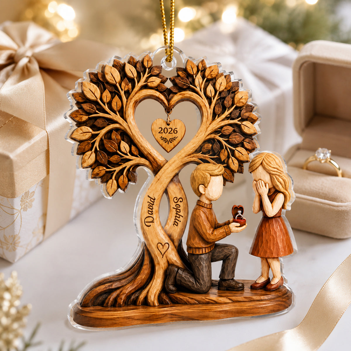 Couple Kissing Under Heart Tree - Personalized Acrylic Ornament - Heartfelt Anniversary Gift for Him, for Her