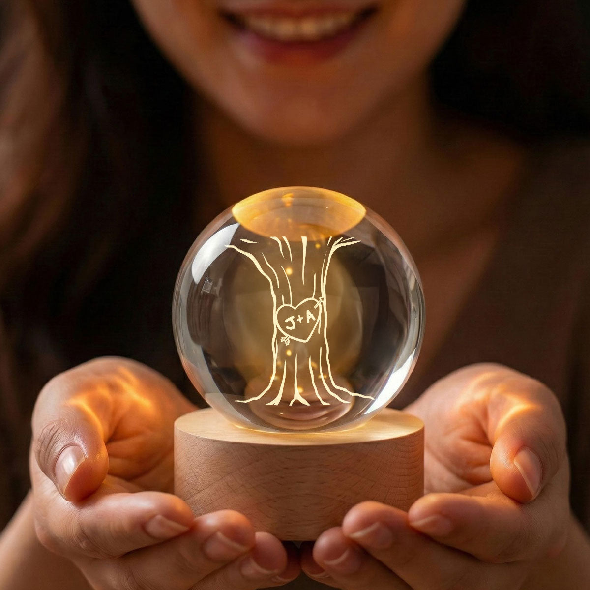 Eternal Love Couple Initial Names Heart Carved Tree - Personalized Crystal Ball LED Night Light - Valentine's Day Gift For Couple
