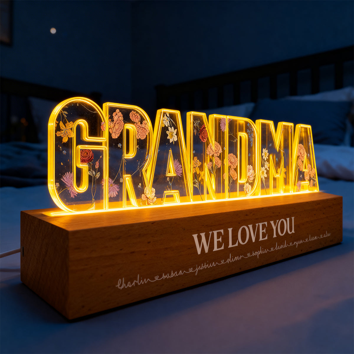Custom Birth Month Flower Printed - Personalised Acrylic Block LED Night Light - Gift for Mum, Nanny, Wife