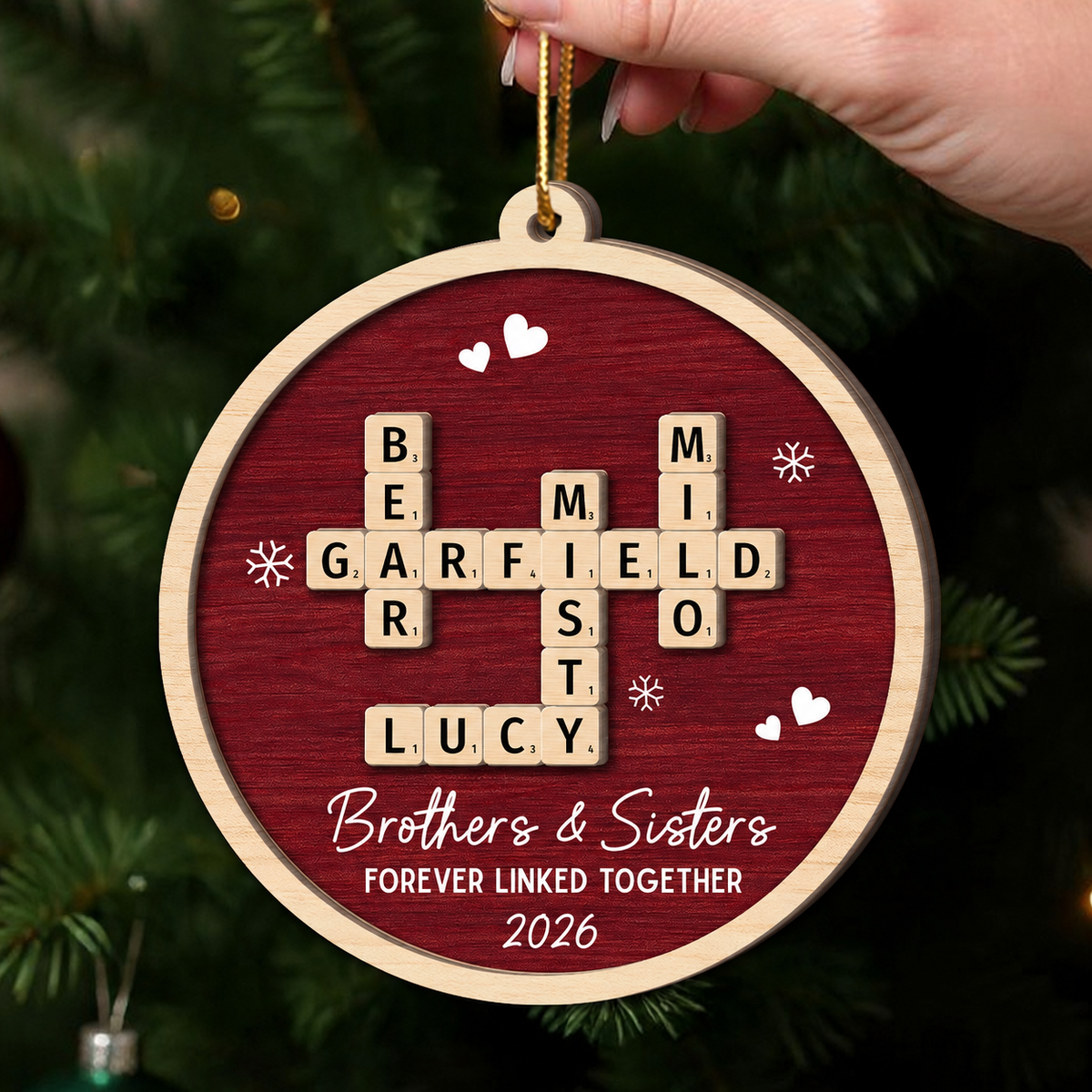 Siblings Forever Linked Together Crossword Puzzle Art - Personalized 2-Layer Wooden Ornament