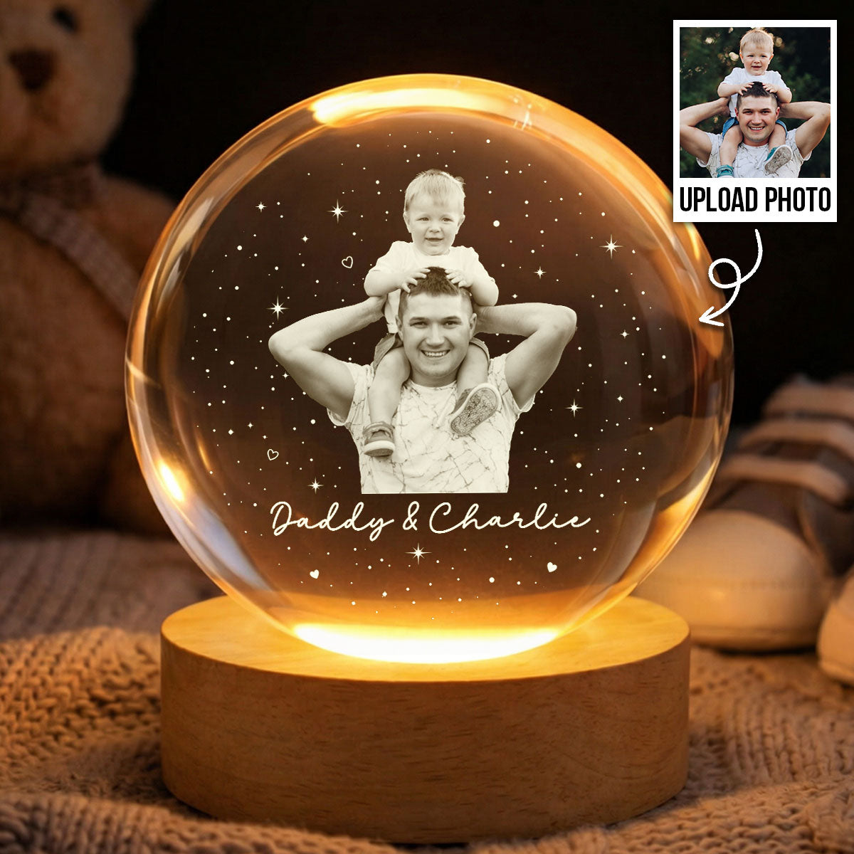 Dad And Kid Custom Upload Photo - Personalized Crystal Ball LED Night Light -  Gift For Dad