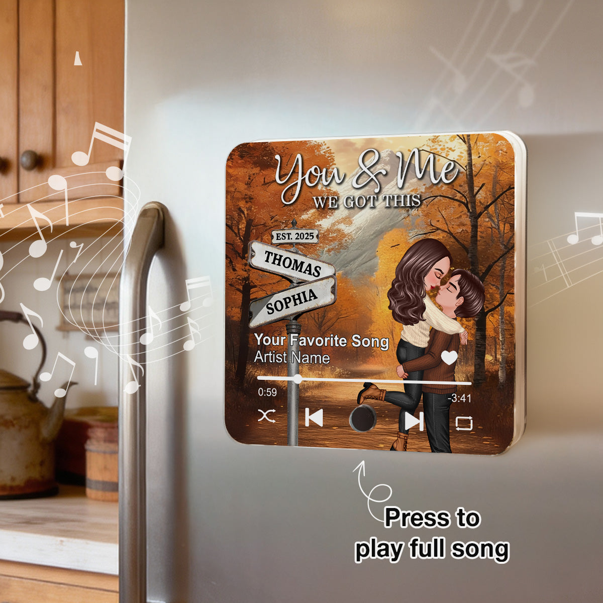 Couple Kissing Crossroads Street Sign Nostalgia Fall Theme - Personalized Music Fridge Magnet - Anniversary, Valentine's Day Gift For Couple