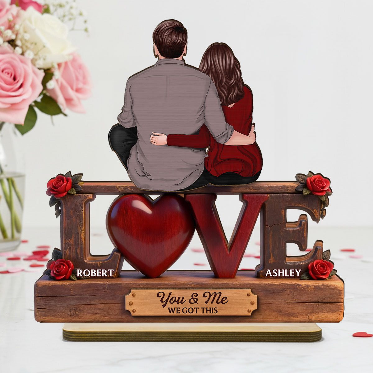 Roses LOVE Back View Couple Sitting Embracing - Personalized 2-Layered Wooden Plaque - Valentine's Day Gift For Couple, For Him, For Her