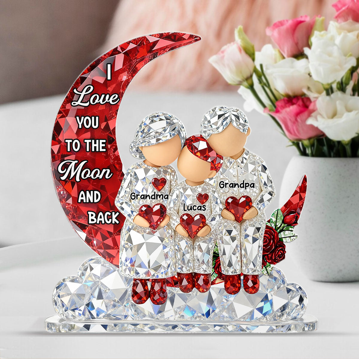 3D Crystal Effect Grandma Grandpa Grandkid Sitting on Moon - Personalized Acrylic Block Plaque - Heartfelt Home Decor for Grandma