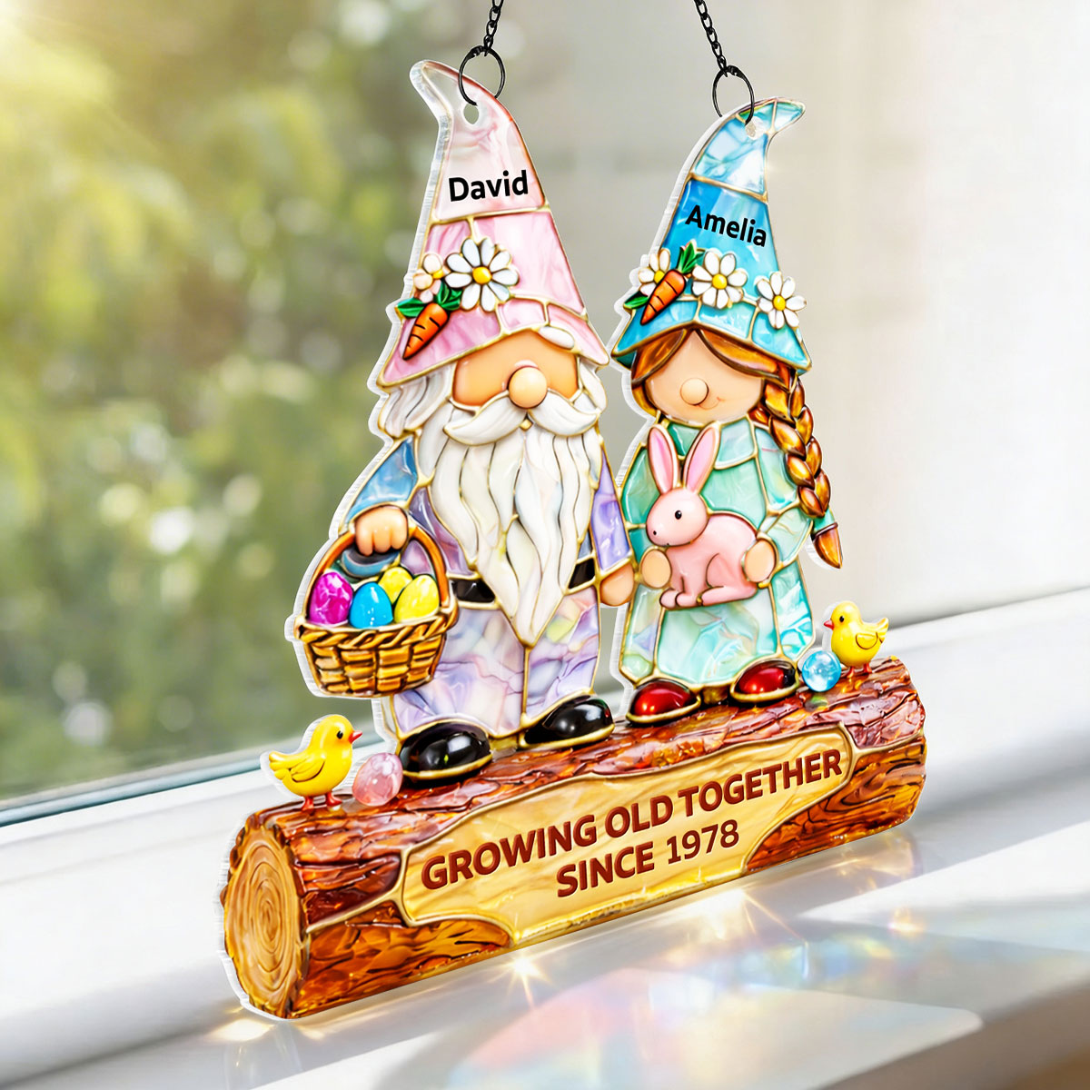 Growing Old Together Since Couple Gnome - Personalized Suncatcher - Gift For Couple, Family