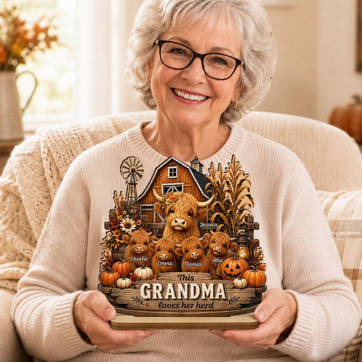 This Grandma Loves Her Herd - Personalized 2-Layered Wooden Plaque - Rustic Farmhouse Fall Decor for Grandma