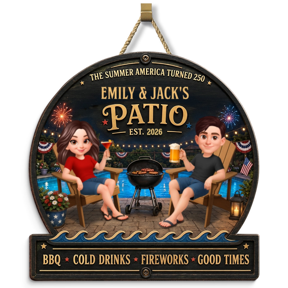 The Summer America Turns 250 Couple Pool & Patio - Personalized Wooden Sign - Summer Decor Gift for Her, for Him