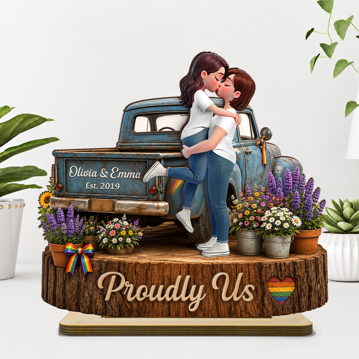 LGBT Couple Pickup Truck Proudly Us - Personalized 2-Layered Wooden Plaque - Gift For Couple, Happy Pride Month