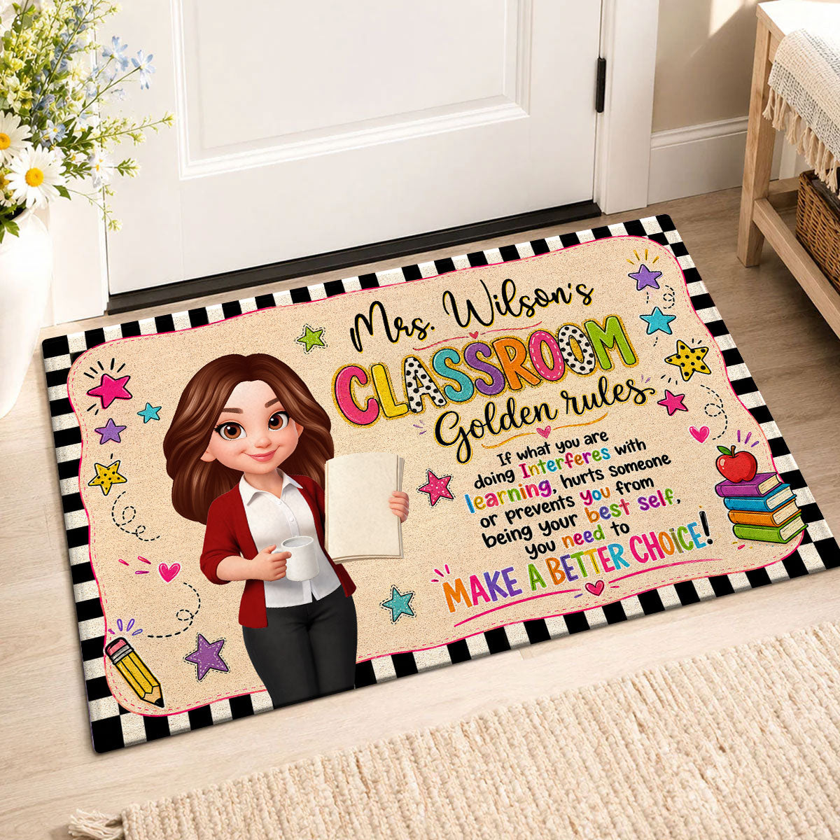 Teacher Classroom Golden Rules - Personalized Doormat - Back to School Decor, Gift for Teacher