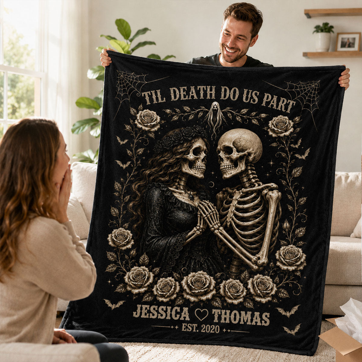 Till Death Do Us Part Skeleton Couple - Personalized Fleece Blanket - Spooky Goth Couple Halloween Gift