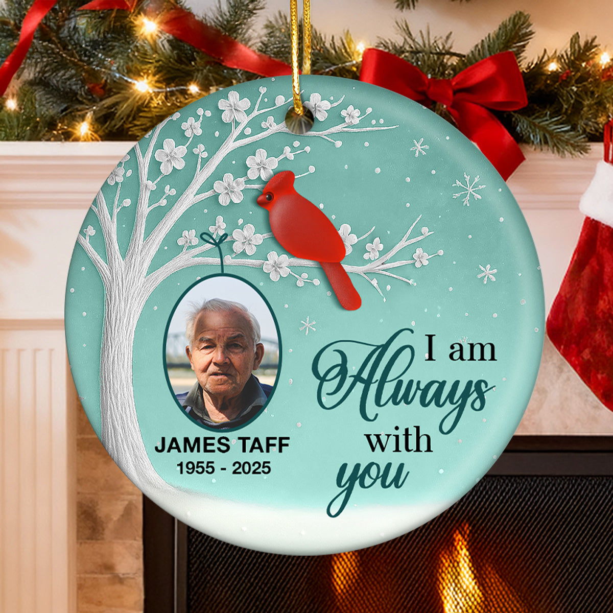3D Sea Glass Effect Blossom Tree Cardinal Christmas Memorial Upload Photo - Personalized Ceramic Ornament