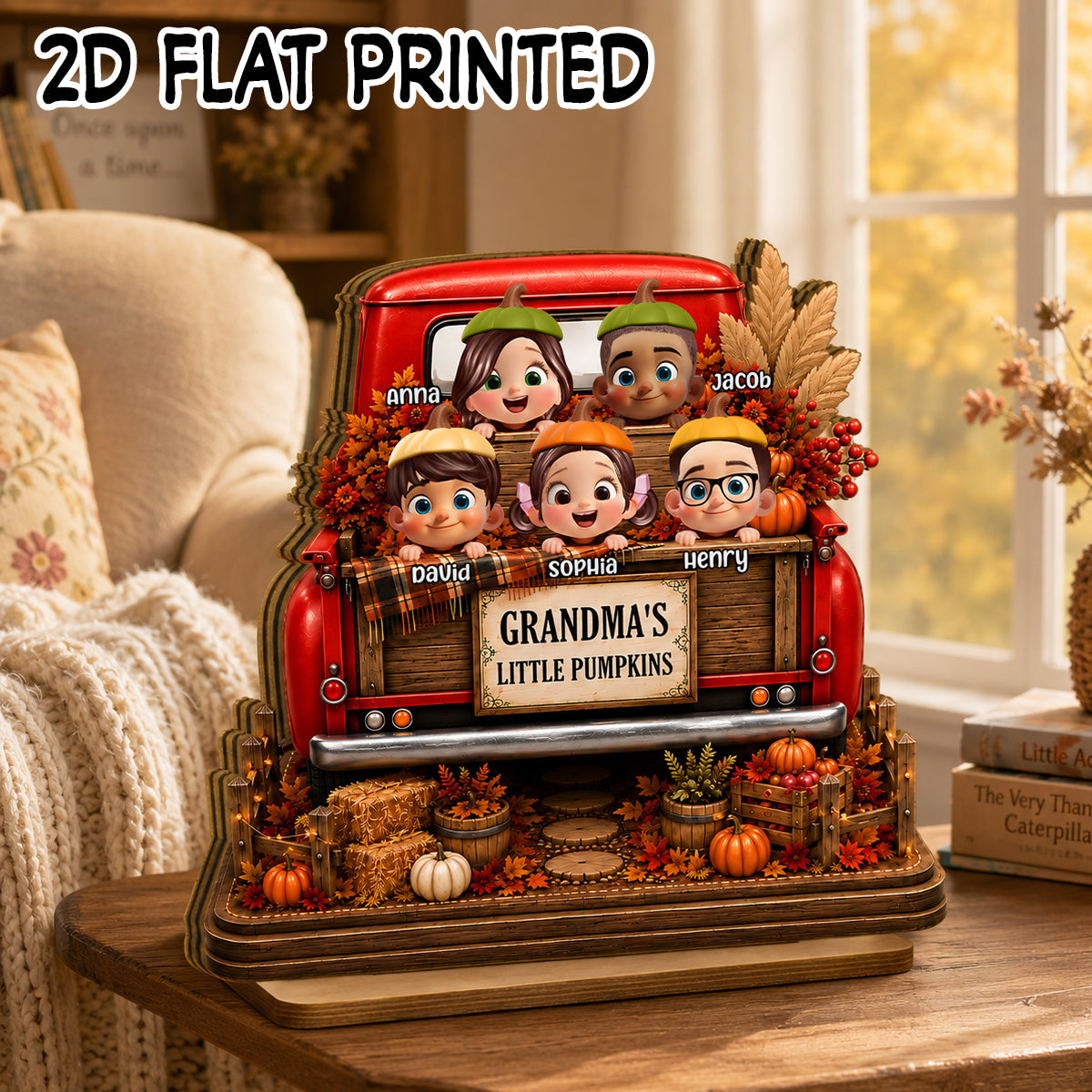 Grandma Grandkids Pumpkins Fall Truck - Personalized 2-Layered Wooden Plaque - Fall Season Decor Gift, Gift For Grandma