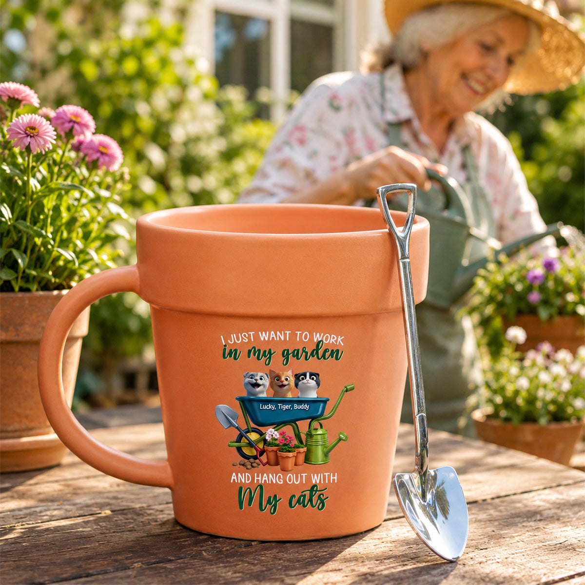 Just Want To Work In My Garden With My Cats - Personalized Plant Pot Ceramic Mug - Gift For Gardening Lovers
