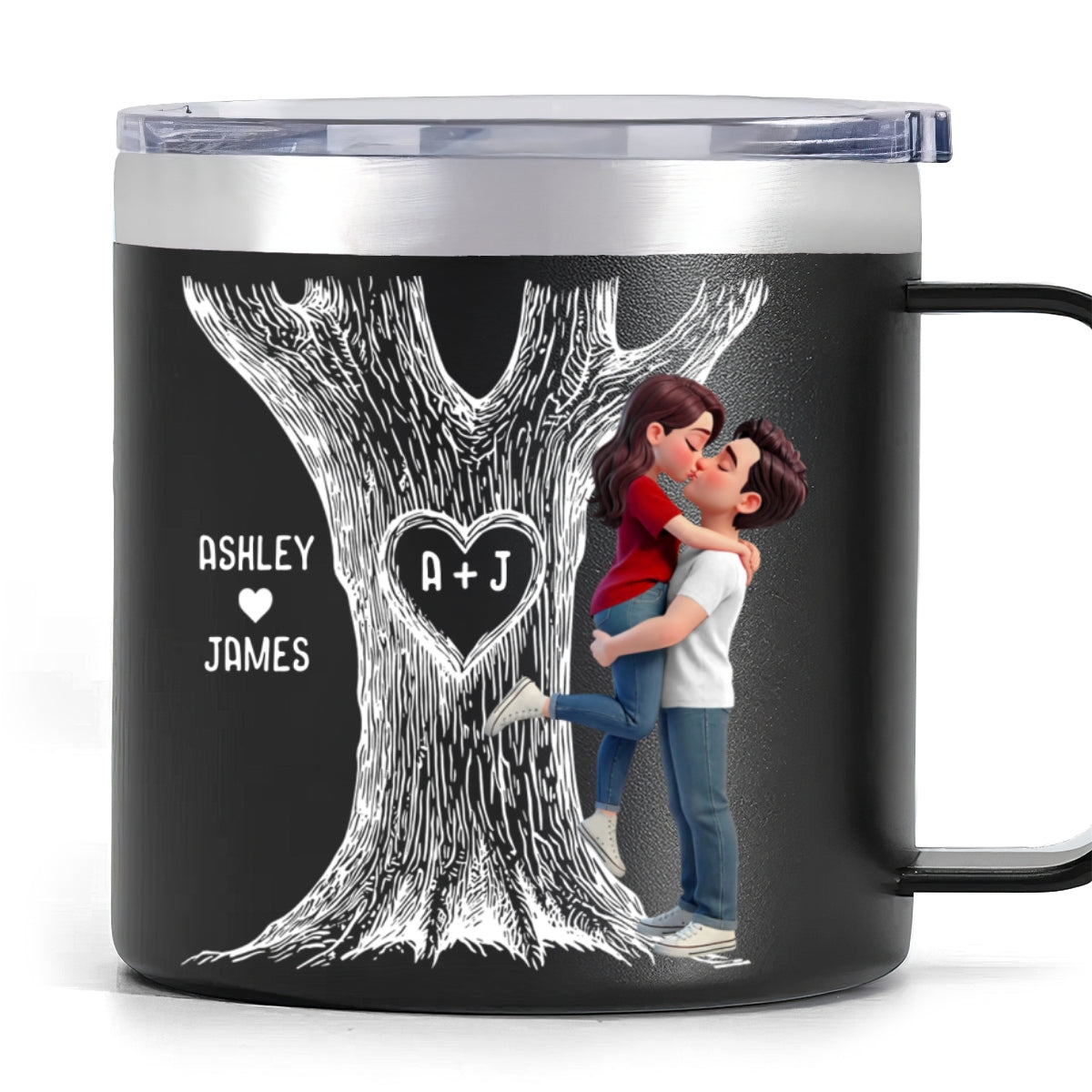 Eternal Love Couple Hugging Kissing Heart Carved Tree Of Love Initials - Personalized Tumbler With Handle - Heartfelt Valentine, Anniversary Gift For Him, For Her