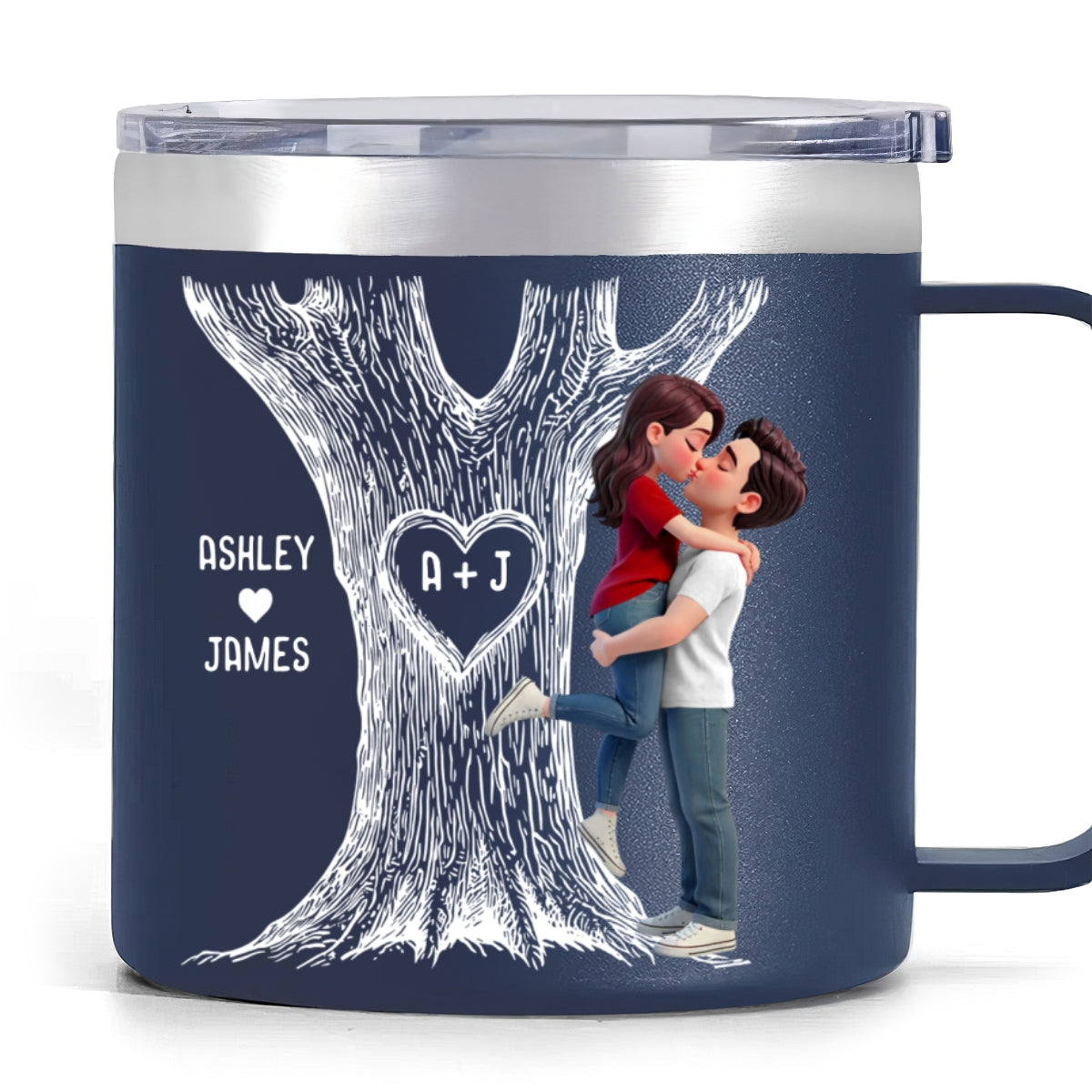 Eternal Love Couple Hugging Kissing Heart Carved Tree Of Love Initials - Personalized Tumbler With Handle - Heartfelt Valentine, Anniversary Gift For Him, For Her