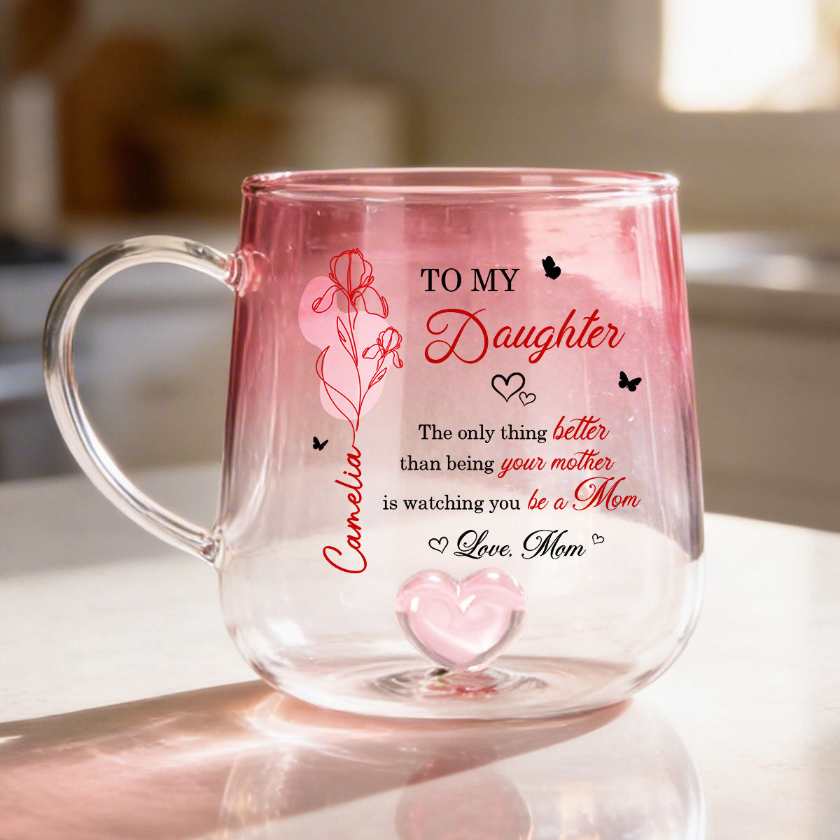 Watching You Be a Mom - Personalized Glass Mug - Custom Birth Month Flower, Heartfelt Mother's Day Gift for Daughter