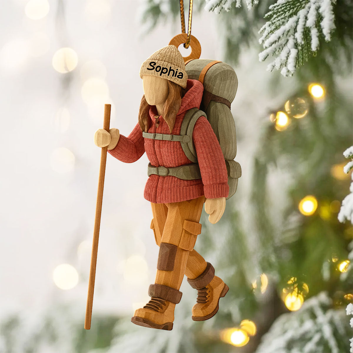 Hiking Girl Christmas - Personalized Wooden Ornament - Gift for Her