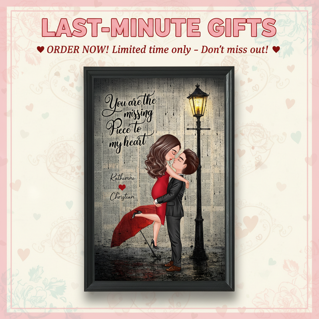 Vintage Newspaper Couple Hugging Kissing Under Lamp Post - Personalized Poster