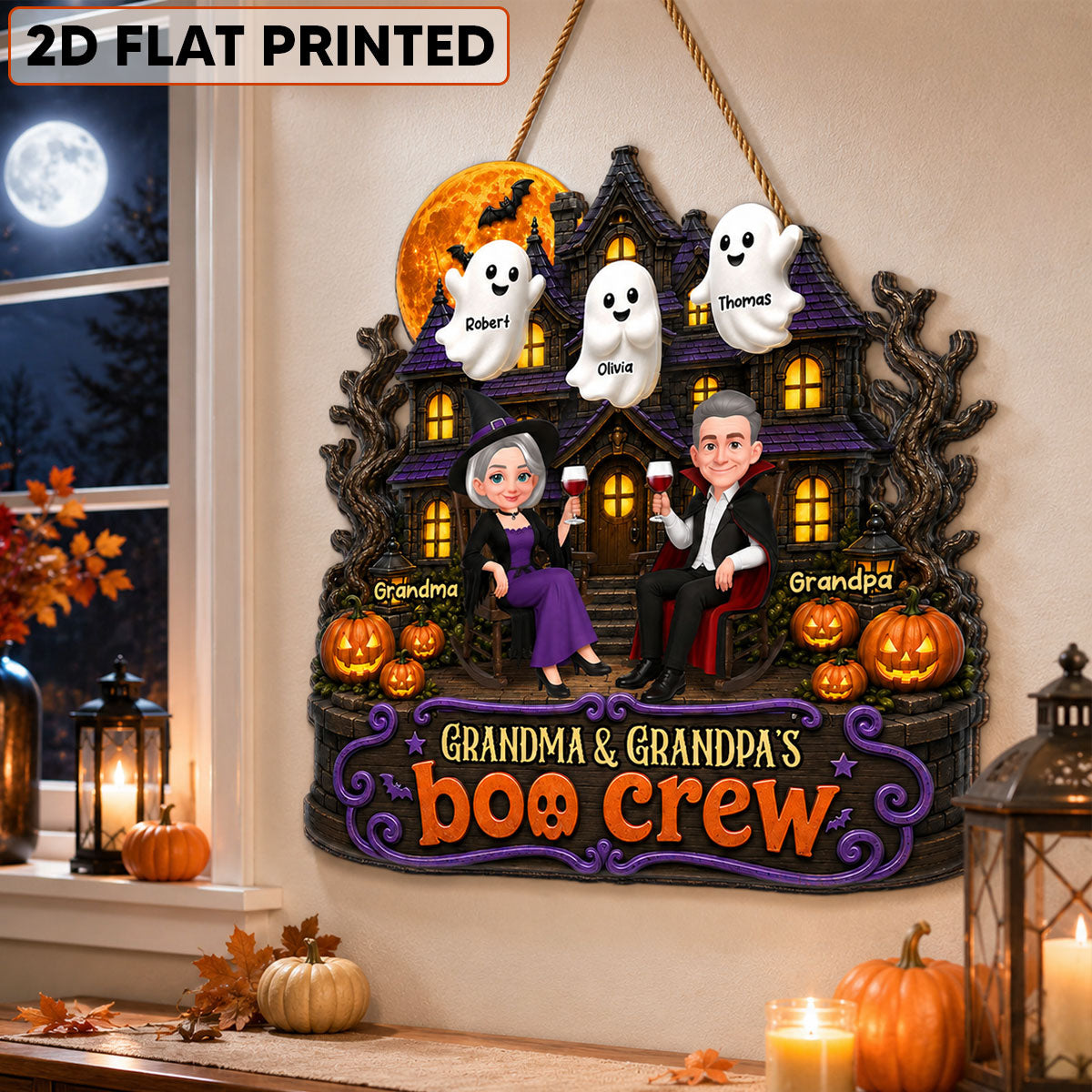Halloween Haunted House Grandpa Grandma Boo Cew - Personalized Wood Sign - Halloween Decoration For Grandparents