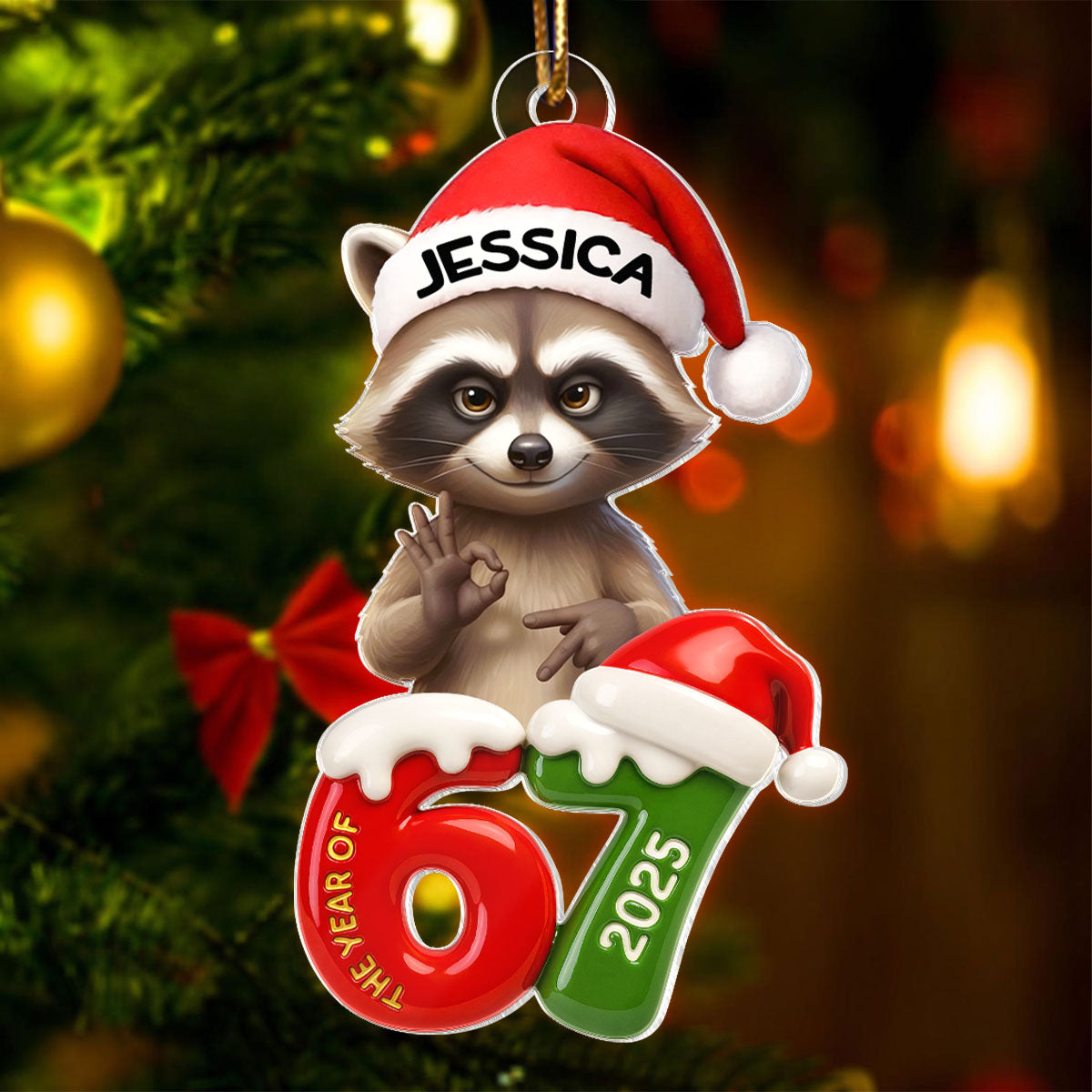 Cunning Raccoon Christmas Pattern Custom Six Seven 67 - Personalized Acrylic Ornament - Teen Slang Funny Tree Decor, Funny Teen Grandkid Gift