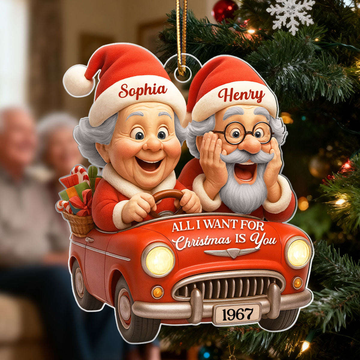 Old Couple In Santa Car - Personalized Acrylic Ornament - Unique Christmas Gift For Him, For Her, For Couple