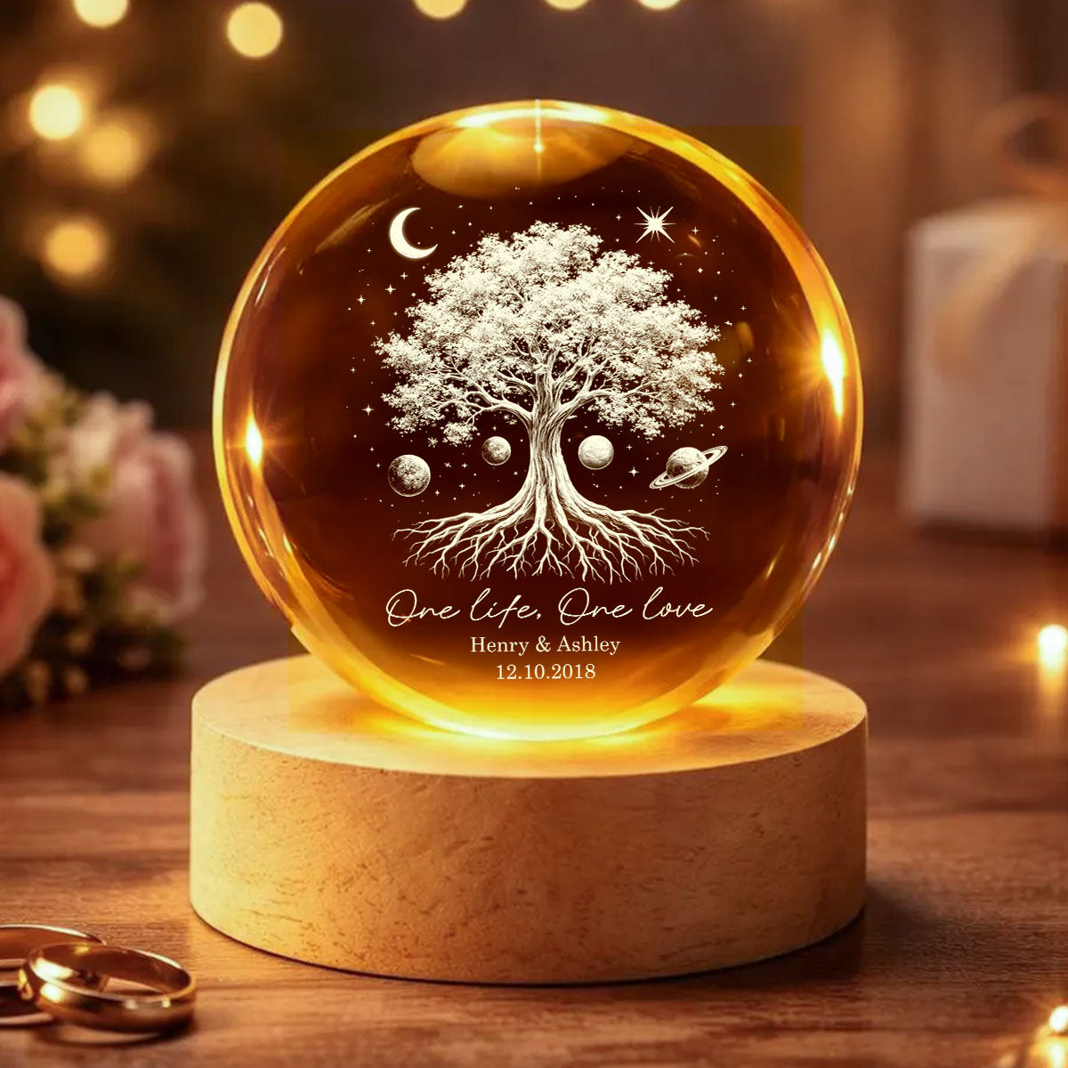 One Life One Love Couple Tree of Life - Personalized Crystal Ball LED Night Light - Sentimental Gift for Her, for Him, Couple Keepsake
