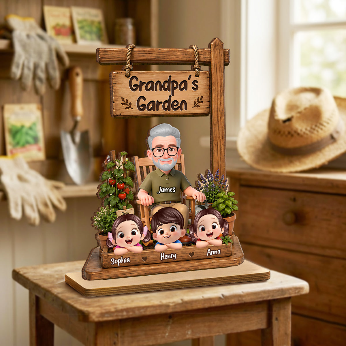 Grandpa's Garden - Personalized 2-Layered Wooden Plaque -  Gift for Dad, Husband