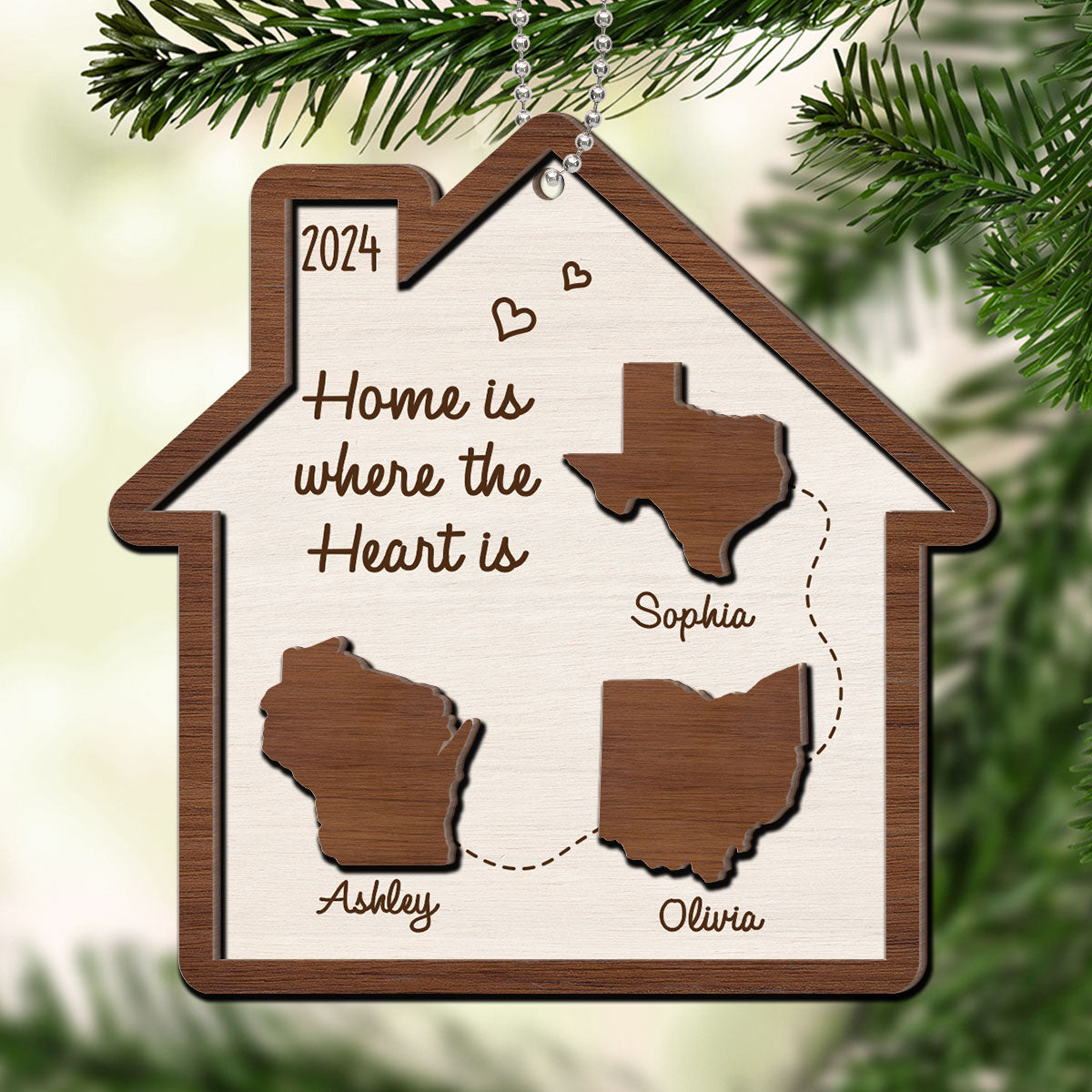 Long Distance Family State Maps Personalized 2-Layer Wooden Ornament, Togetherness Ornament
