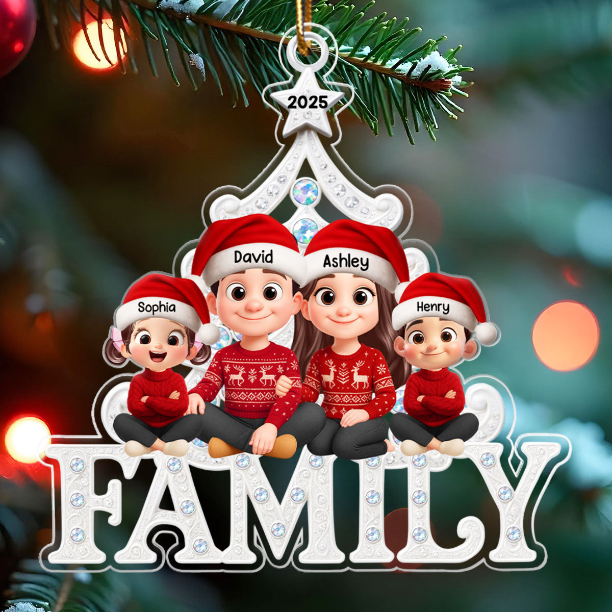 Family Sitting Metallic Mix Crystal Effect - Personalized Acrylic Ornament - Christmas Gift for Family