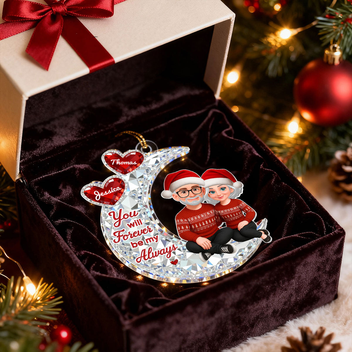 3D Effect Flat Couple Sitting On Moon - Personalized Acrylic Ornament - Heartfelt Gift For Couple, Gift For Him, For Her