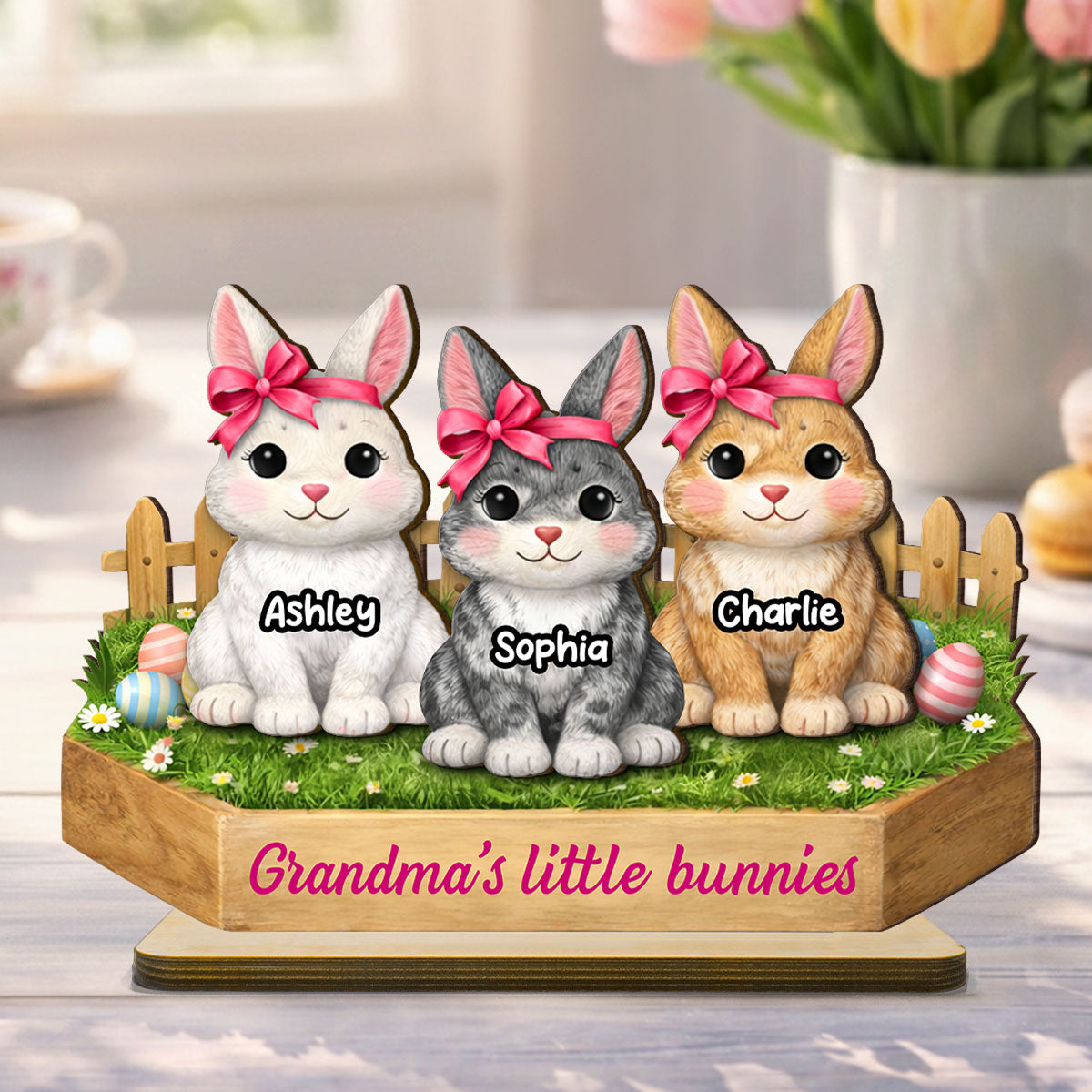 Grandma's Little Bunnies Coquette - Personalized 2-Layered Wooden Plaque - Easter Gift for Grandma, Farmhouse Tiered Tray Decor