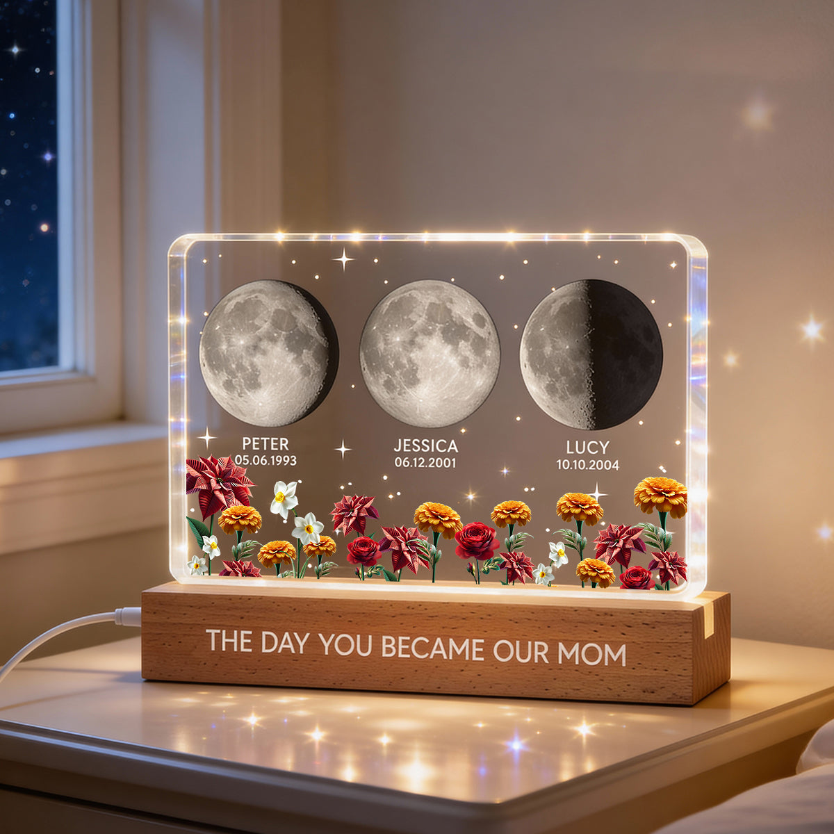 The Day You Became Our Mom Custom Moon Phase by Date - Personalized Acrylic Block LED Night Light, Custom Birth Flowers, Mother's Day Gift for Mom