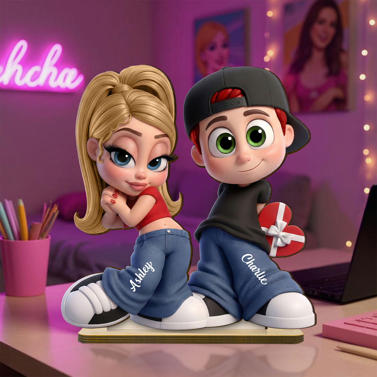 Y2K Couple 3D Cartoon Effect - Personalized Wooden Plaque - Sentimental Valentine's Day Gift for him, for her