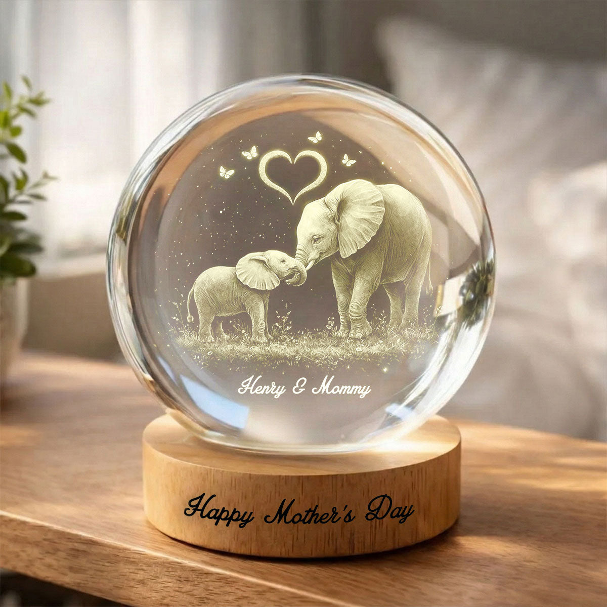 Elephant Mom and Kids - Personalized Crystal Ball LED Night Light - Heartfelt Mother's Day Gift for Mom