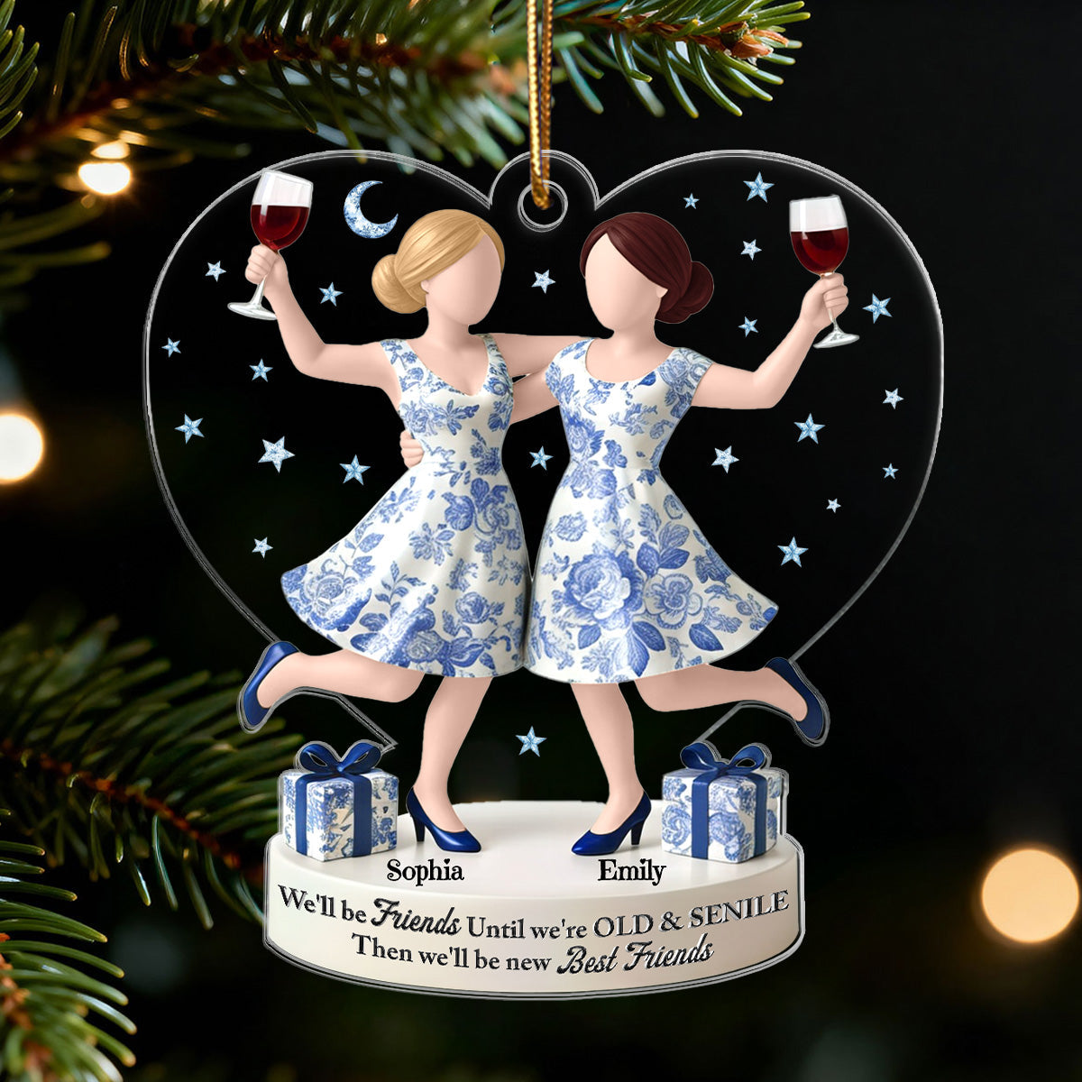 3D Effect Toile De Jouy Pattern We'll Friends Until Old & Senile - Personalized Acrylic Ornament - Gift For Besties, Best Friends