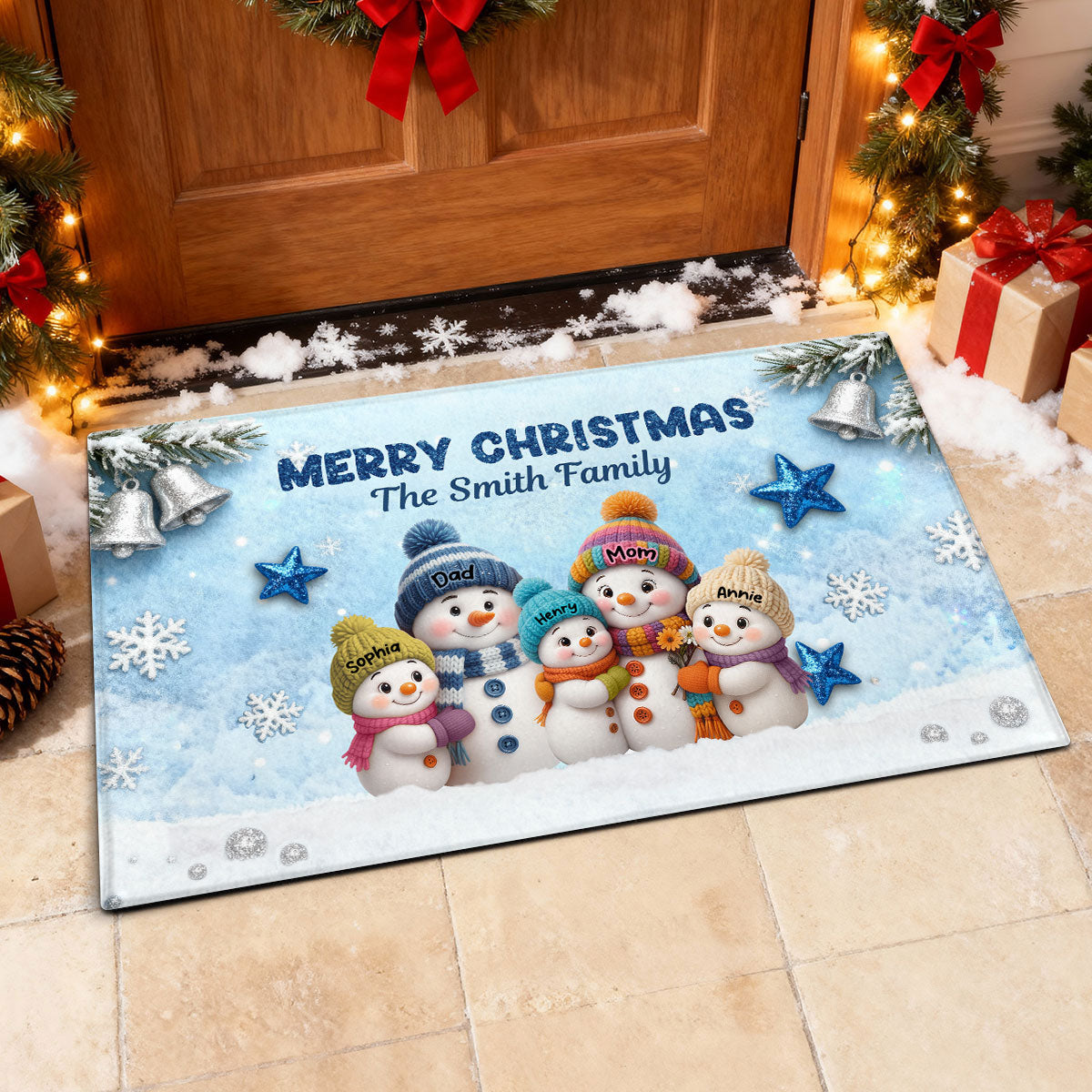 3D Effect Snowy Christmas Snowman Family - Personalized Doormat