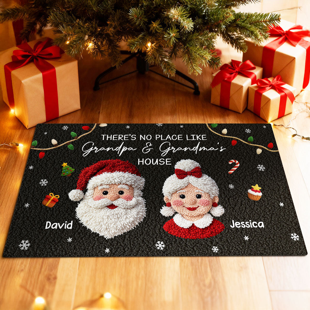 No Place Like Grandma Grandpa Santa Claus - Personalized Doormat - Latch Hook Yarn Faux Christmas Decor, Gift for Grandparents