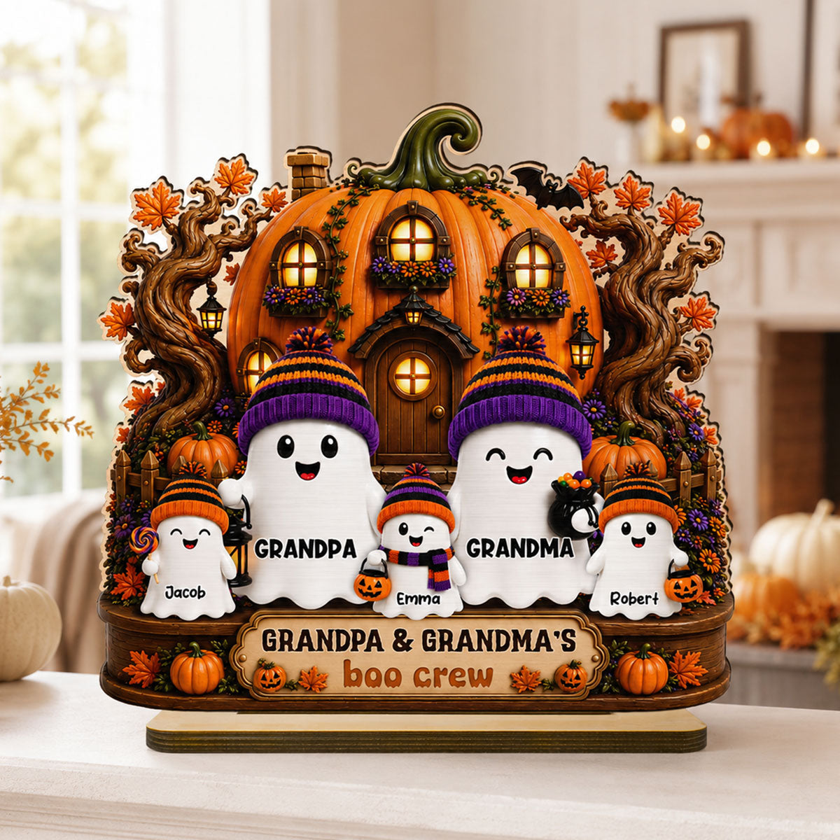 Whimsical Pumpkins House Halloween Grandma Grandpa's Boo Crew - Personalized 2-Layered Wooden Plaque - Halloween Decor For Grandparents