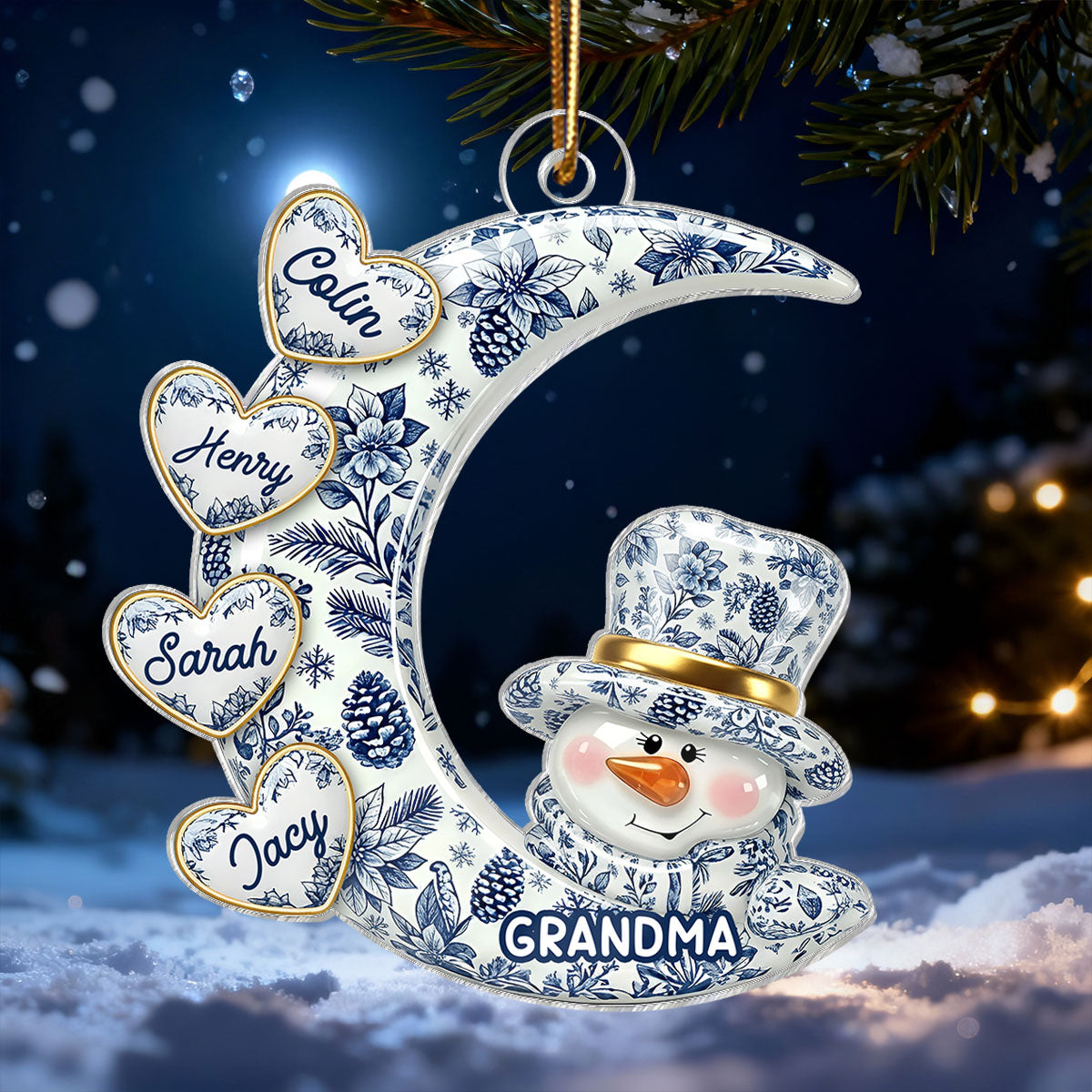 3D Effect Timeless Vintage Toile De Jouy Grandma Snowman Hearts Moon - Personalized Acrylic Ornament - Gift For Grandparents