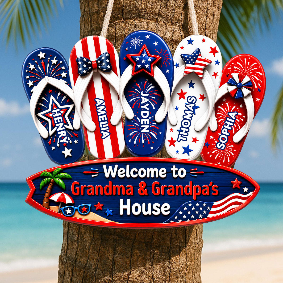 Welcome To Grandma Grandpa House Summer America 250th Anniversary - Personalized Wood Sign - Gift For Grandparents, 4th of July Decoration