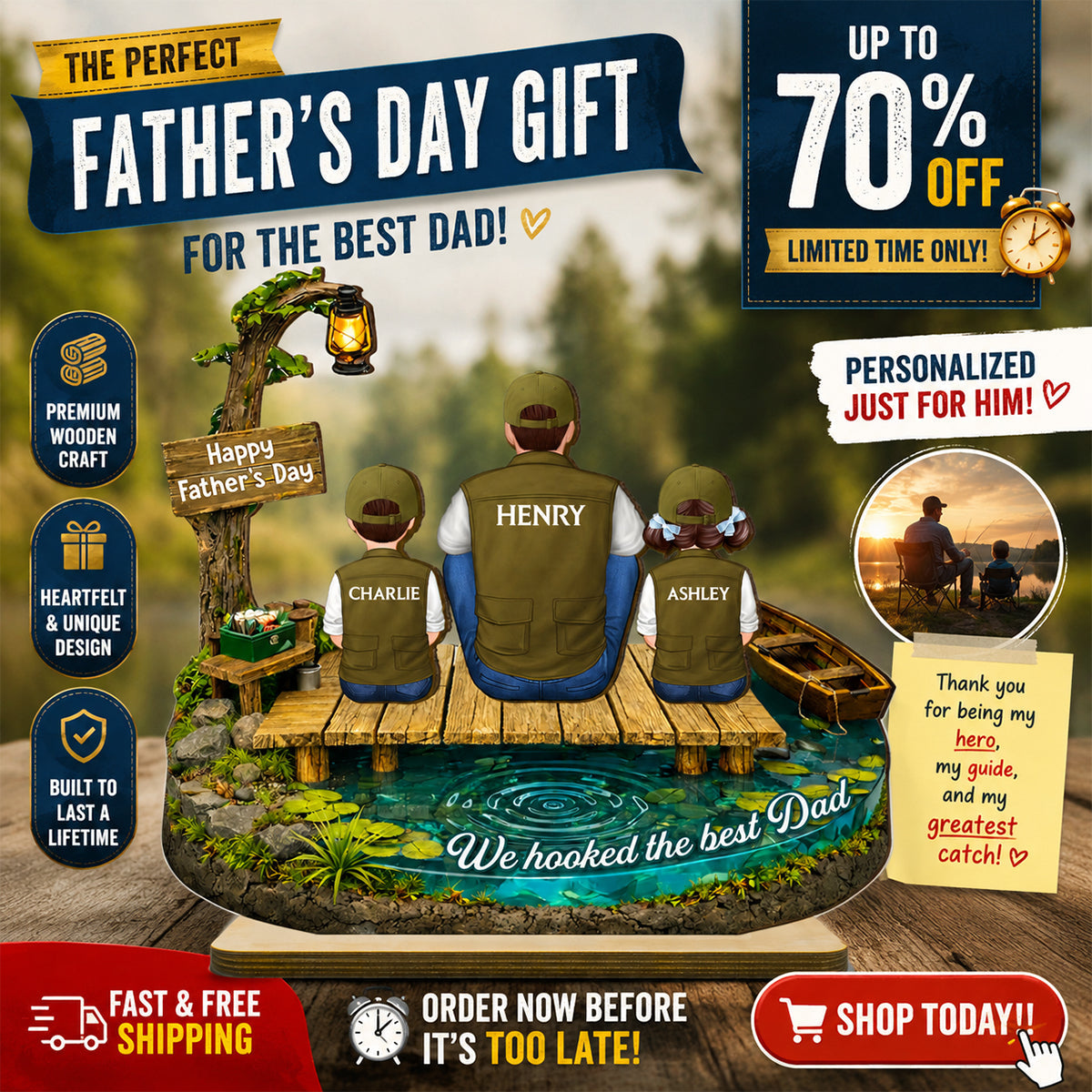 We Hooked The Best Dad Fishing - Personalized 2-Layered Wooden Plaque - Heartfelt Gift For Dad, Gift For Husband