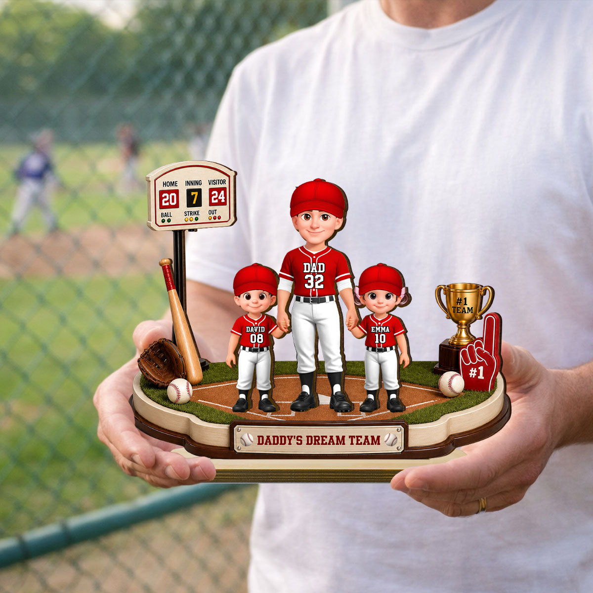 Daddy's Dream Team Baseball Dad Kids - Personalized 2-Layered Wooden Plaque - Heartfelt Gift For Baseball Dad, Gift For Husband