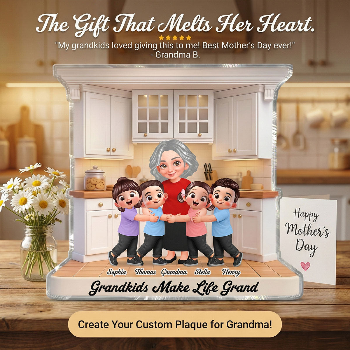 Grandma And Grandkids Happy Together In The Kitchen - Personalized Acrylic Block Plaque - Gift For Grandma